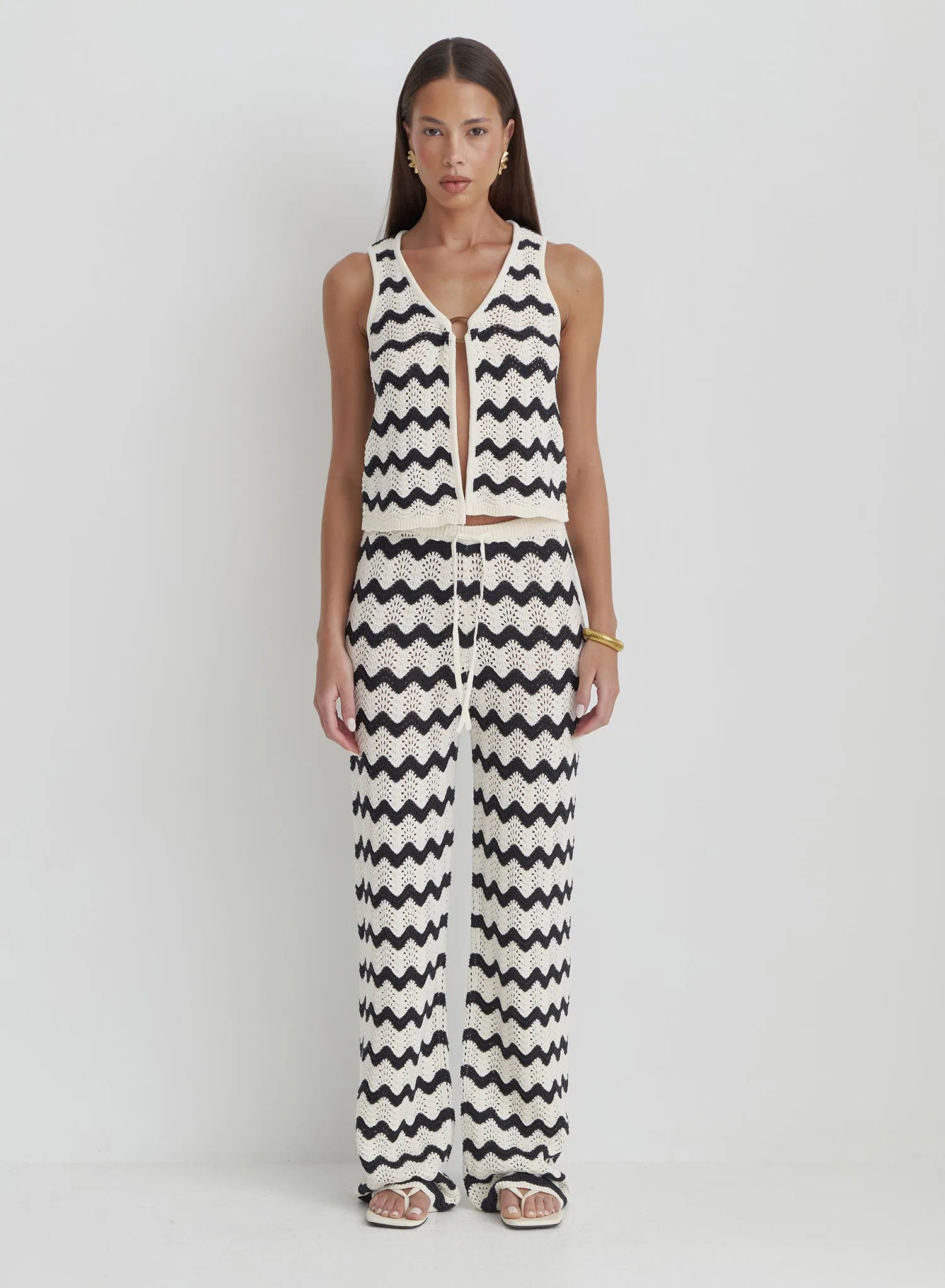 Navy And Cream Wave Crochet Trouser- Ana