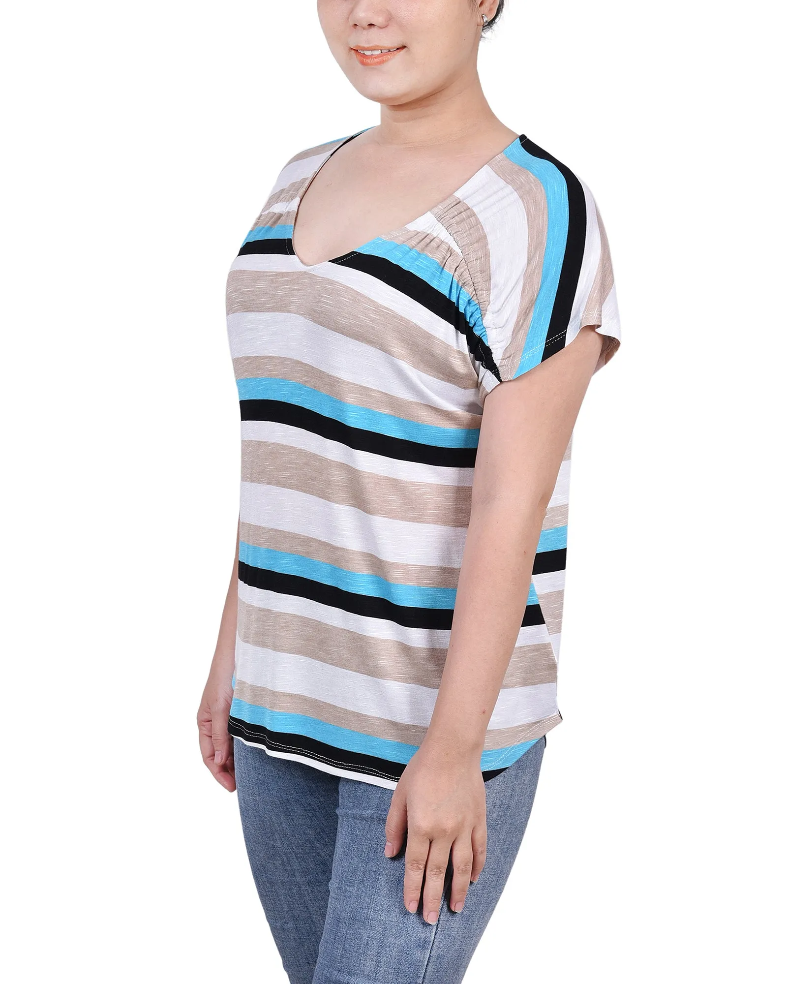 Petite Short Sleeve Striped V Neck Top