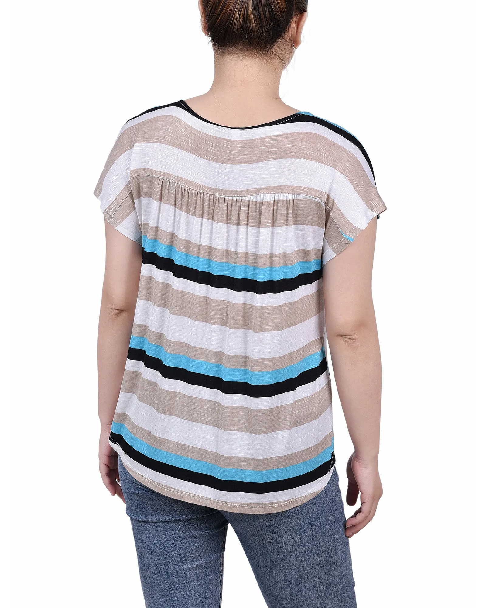 Petite Short Sleeve Striped V Neck Top