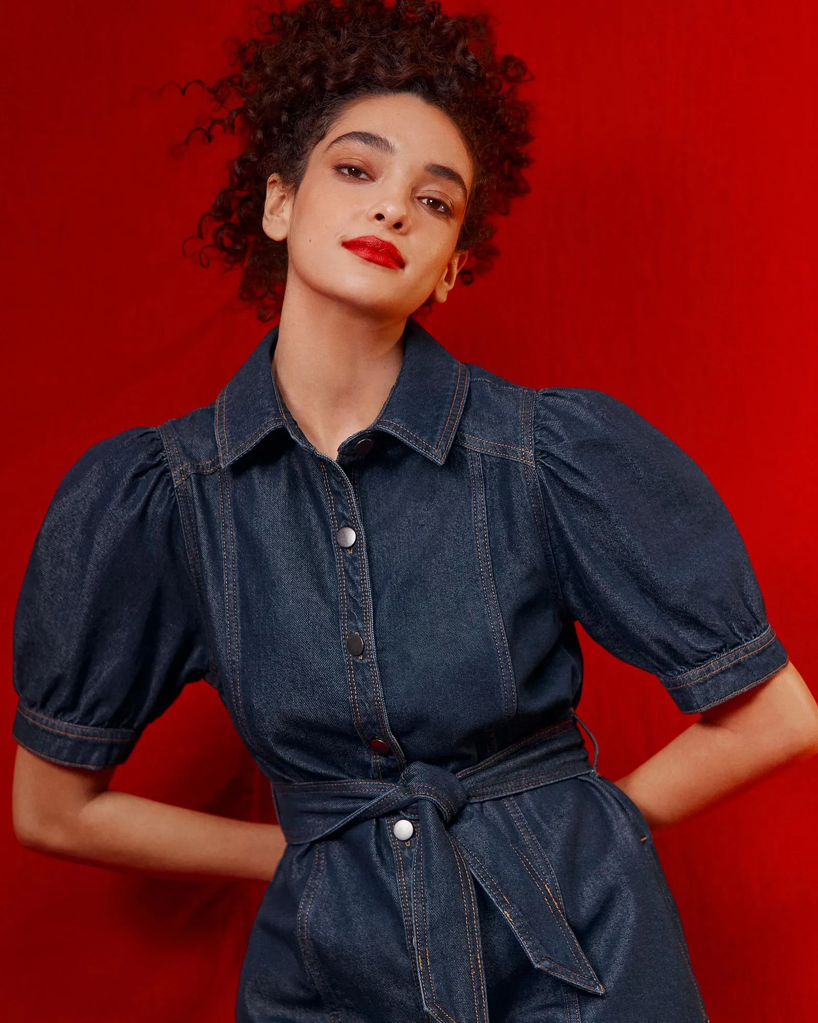 popular  Puff Sleeve Panelled Denim Dress - Rinsewash