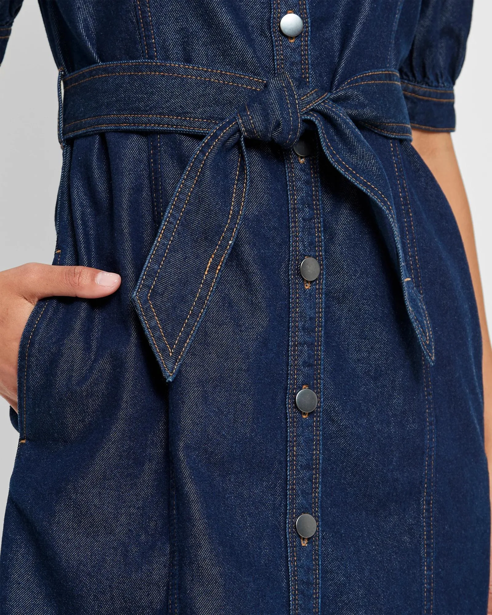 popular  Puff Sleeve Panelled Denim Dress - Rinsewash