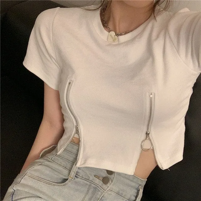 Sexy Double Zip Short Sleeved Crop Top