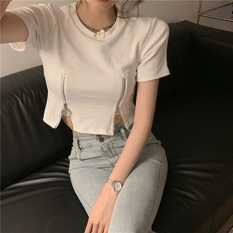 Sexy Double Zip Short Sleeved Crop Top