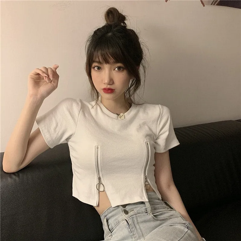 Sexy Double Zip Short Sleeved Crop Top