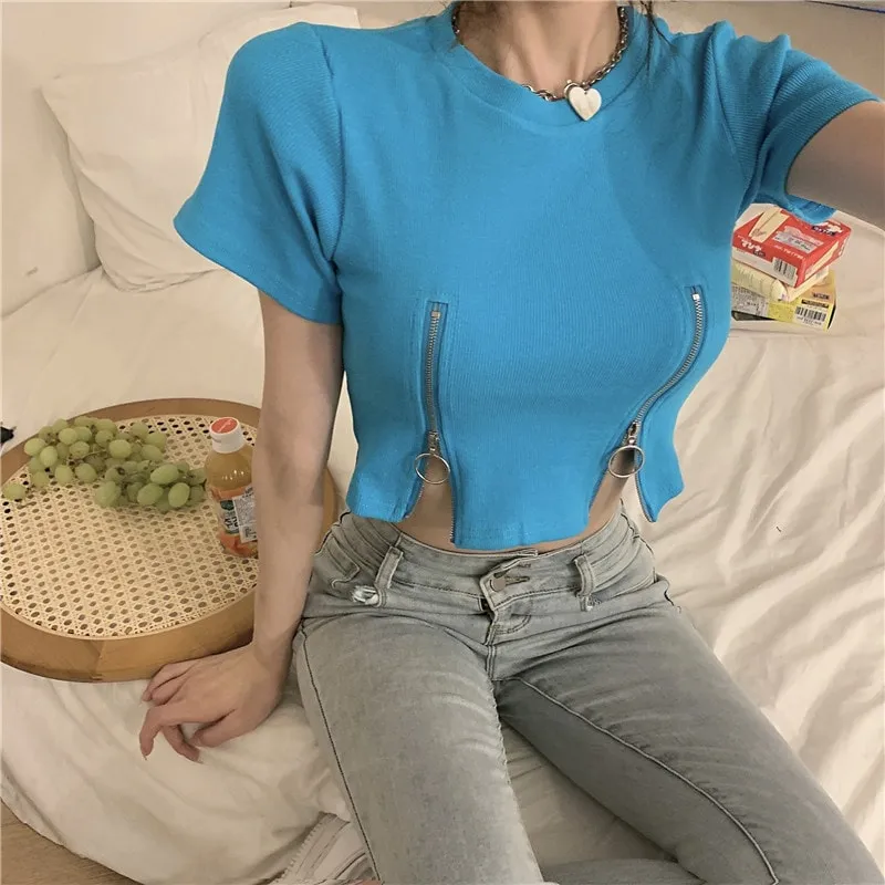 Sexy Double Zip Short Sleeved Crop Top