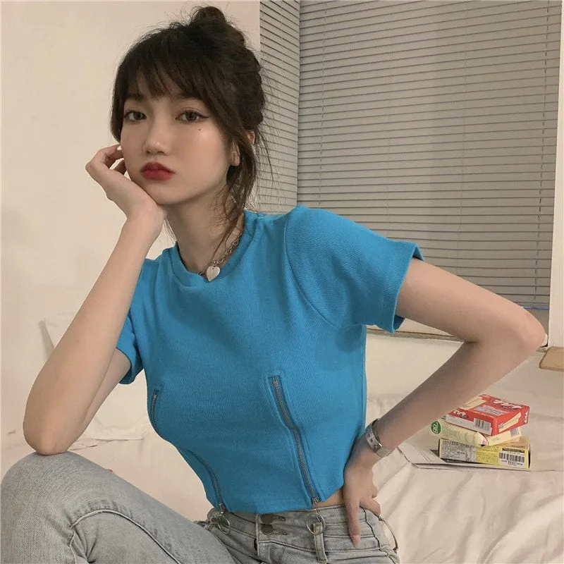 Sexy Double Zip Short Sleeved Crop Top