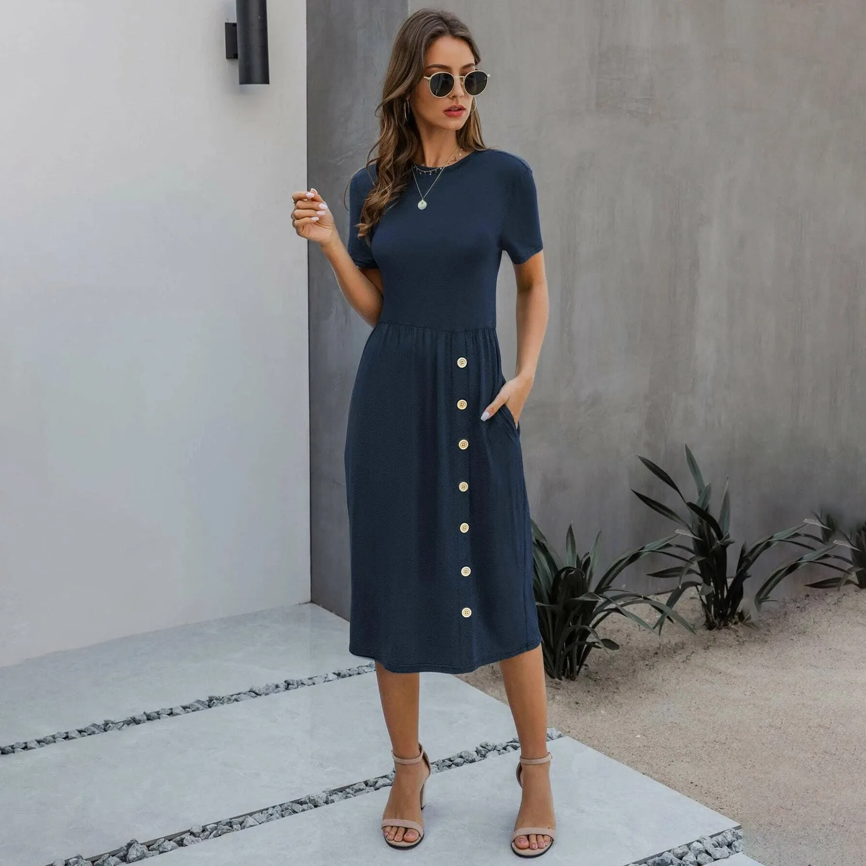 Slant Pocket Button Detail Dress