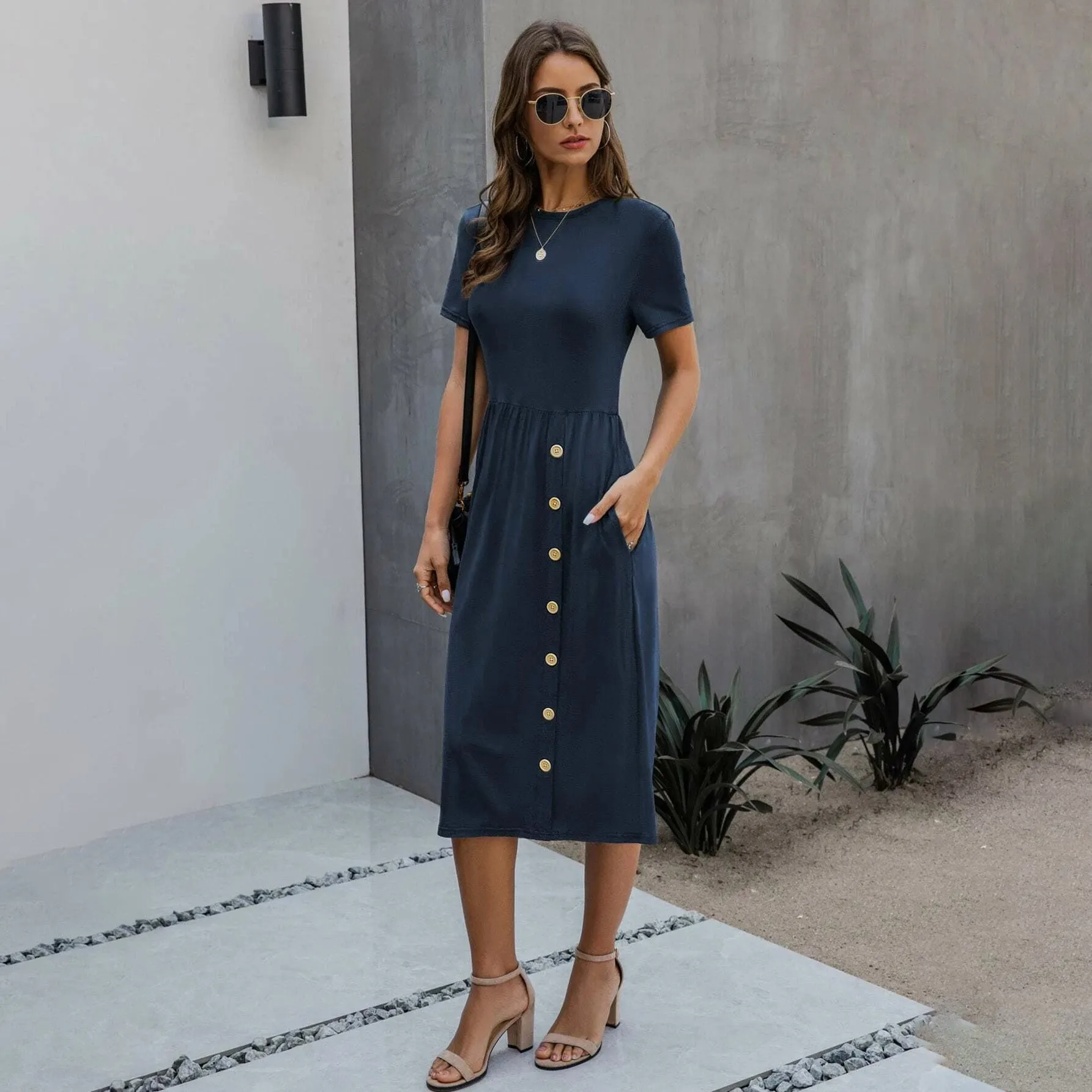 Slant Pocket Button Detail Dress