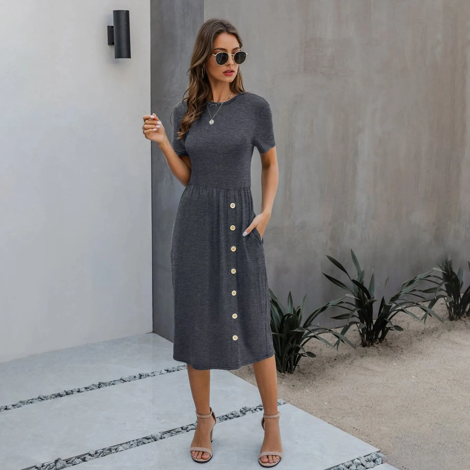 Slant Pocket Button Detail Dress