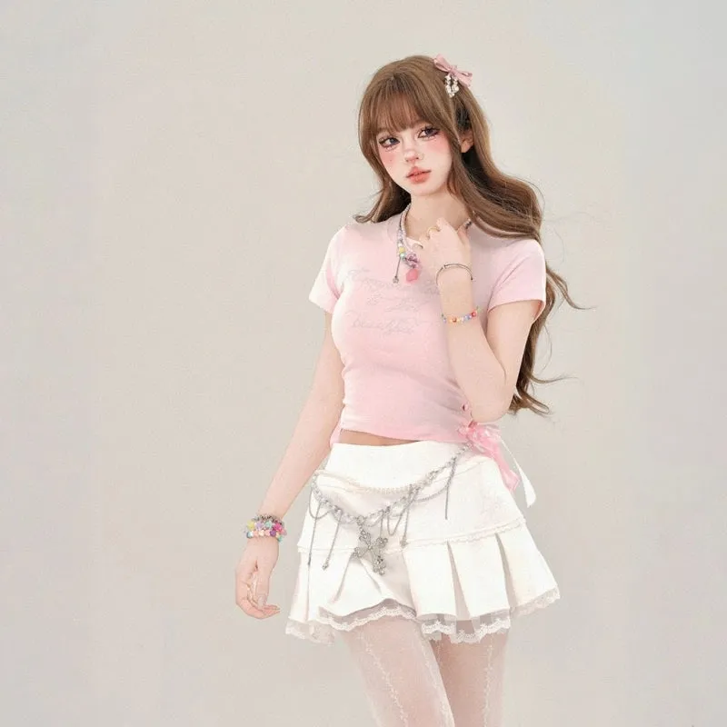 Sweet Girl Pure Desire Style Pink Belly-Baring T-shirt