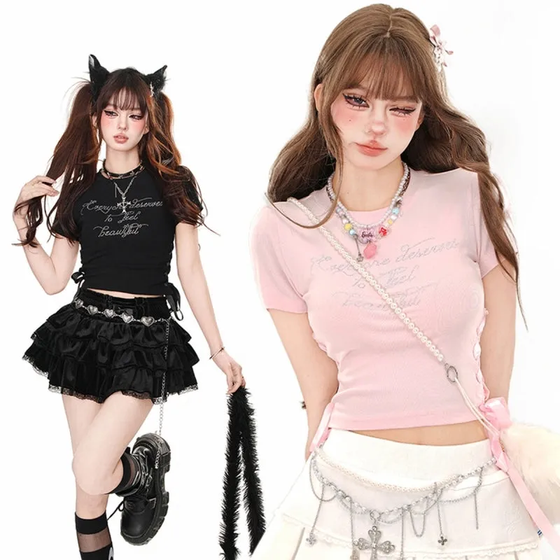 Sweet Girl Pure Desire Style Pink Belly-Baring T-shirt