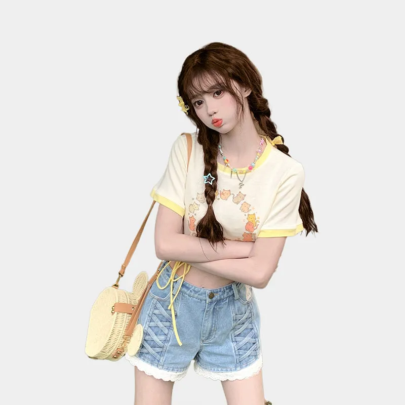 Sweet Girl Style Cartoon Kitten Print Short T-shirt