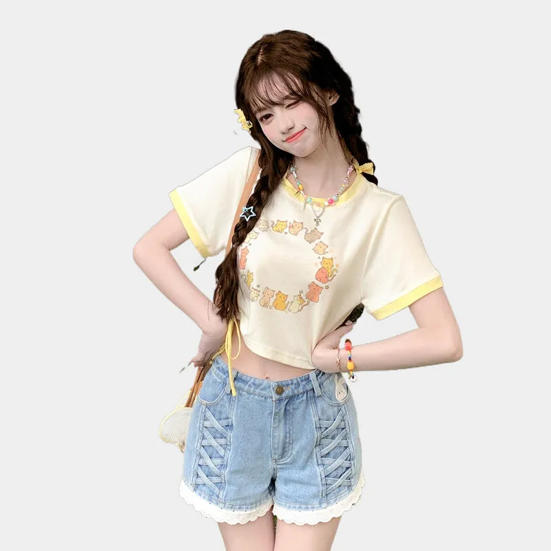 Sweet Girl Style Cartoon Kitten Print Short T-shirt