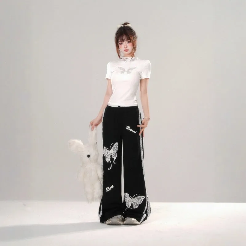 Sweet Girl Style Lace Embroidery T-shirt