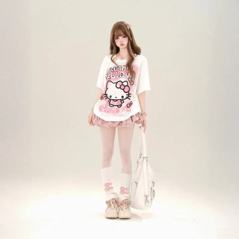 Sweet Girl Style Pink Hello Kitty Printed T-shirt