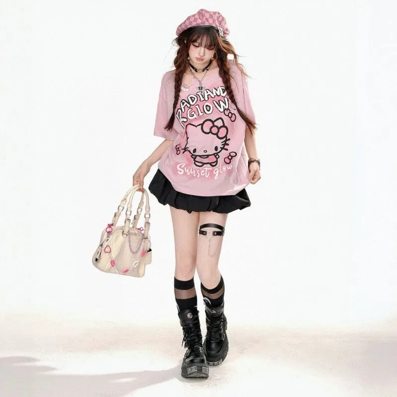 Sweet Girl Style Pink Hello Kitty Printed T-shirt