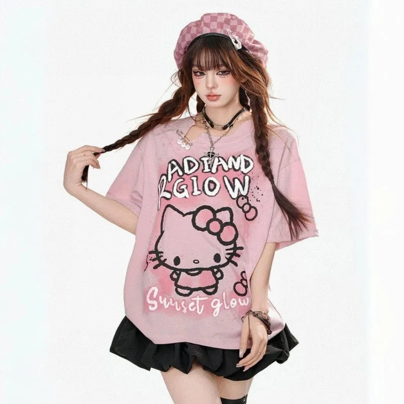 Sweet Girl Style Pink Hello Kitty Printed T-shirt