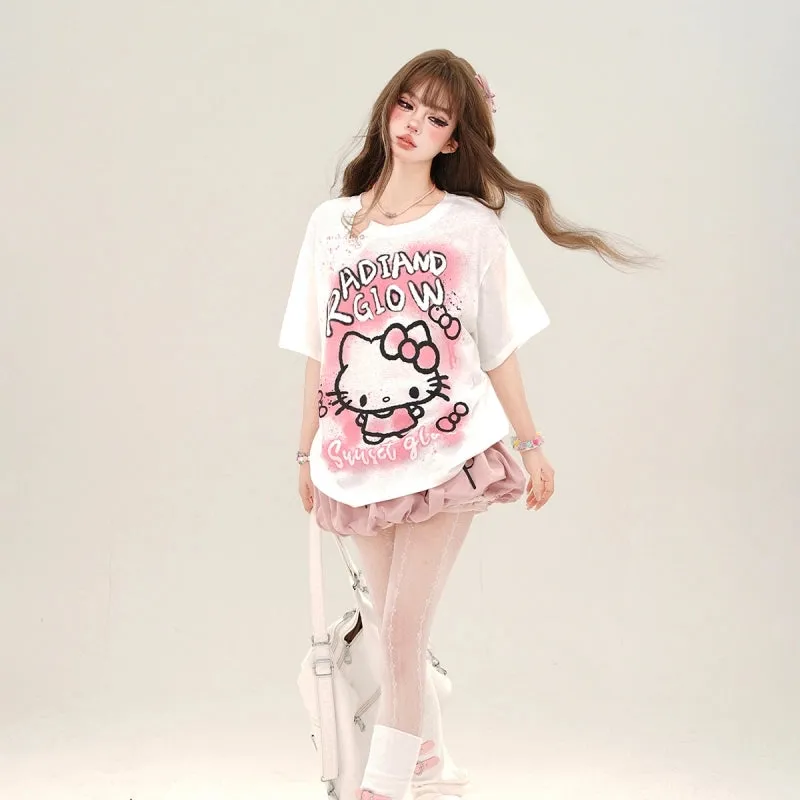 Sweet Girl Style Pink Hello Kitty Printed T-shirt