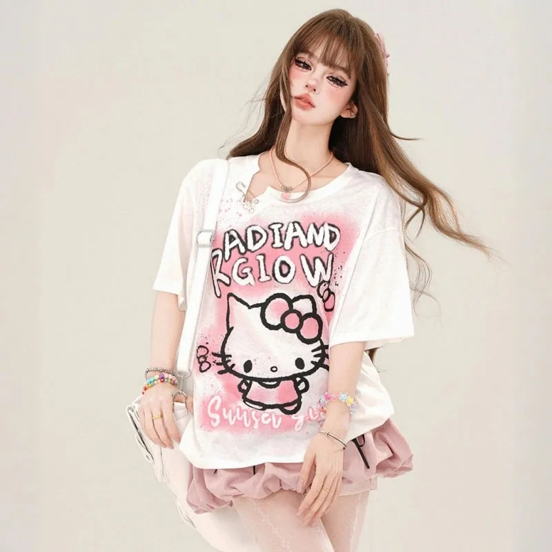 Sweet Girl Style Pink Hello Kitty Printed T-shirt