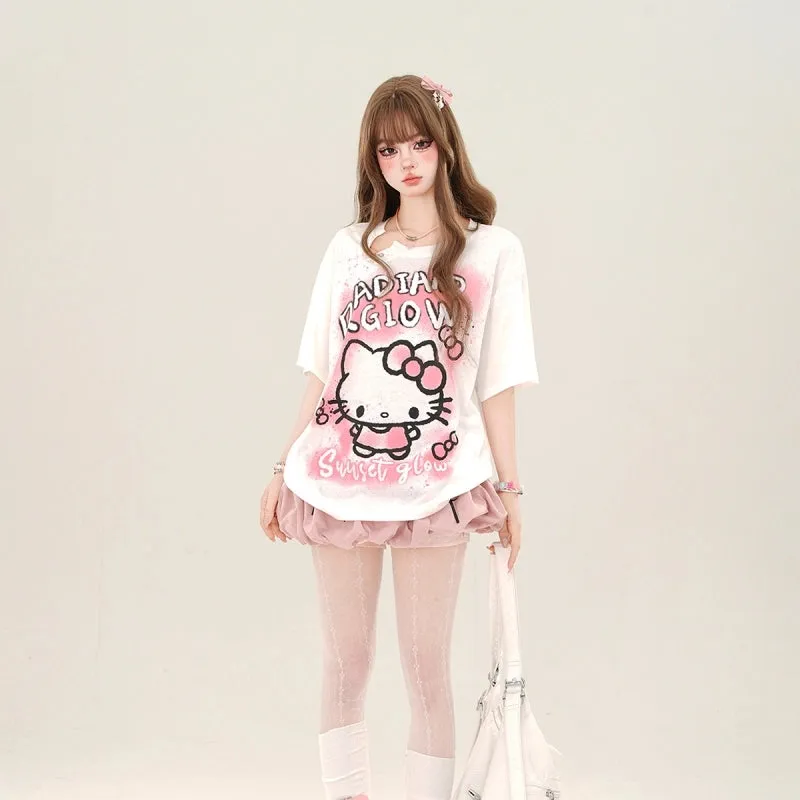 Sweet Girl Style Pink Hello Kitty Printed T-shirt