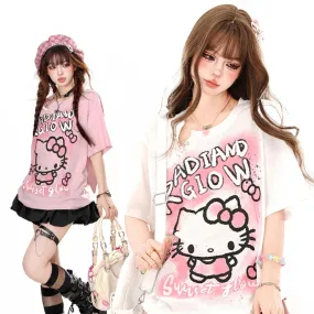 Sweet Girl Style Pink Hello Kitty Printed T-shirt