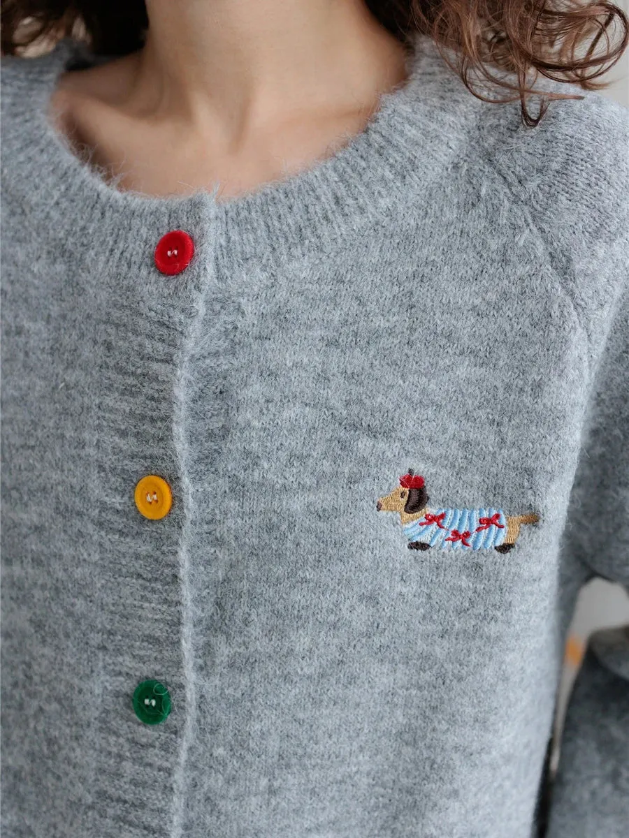 TAVIMART  -  Little Dog Embroidery Cardigan Autumn O Neck Single Breasted Knitted Outerwear Women Simple Fashion Casual Long Sleeve Jumper