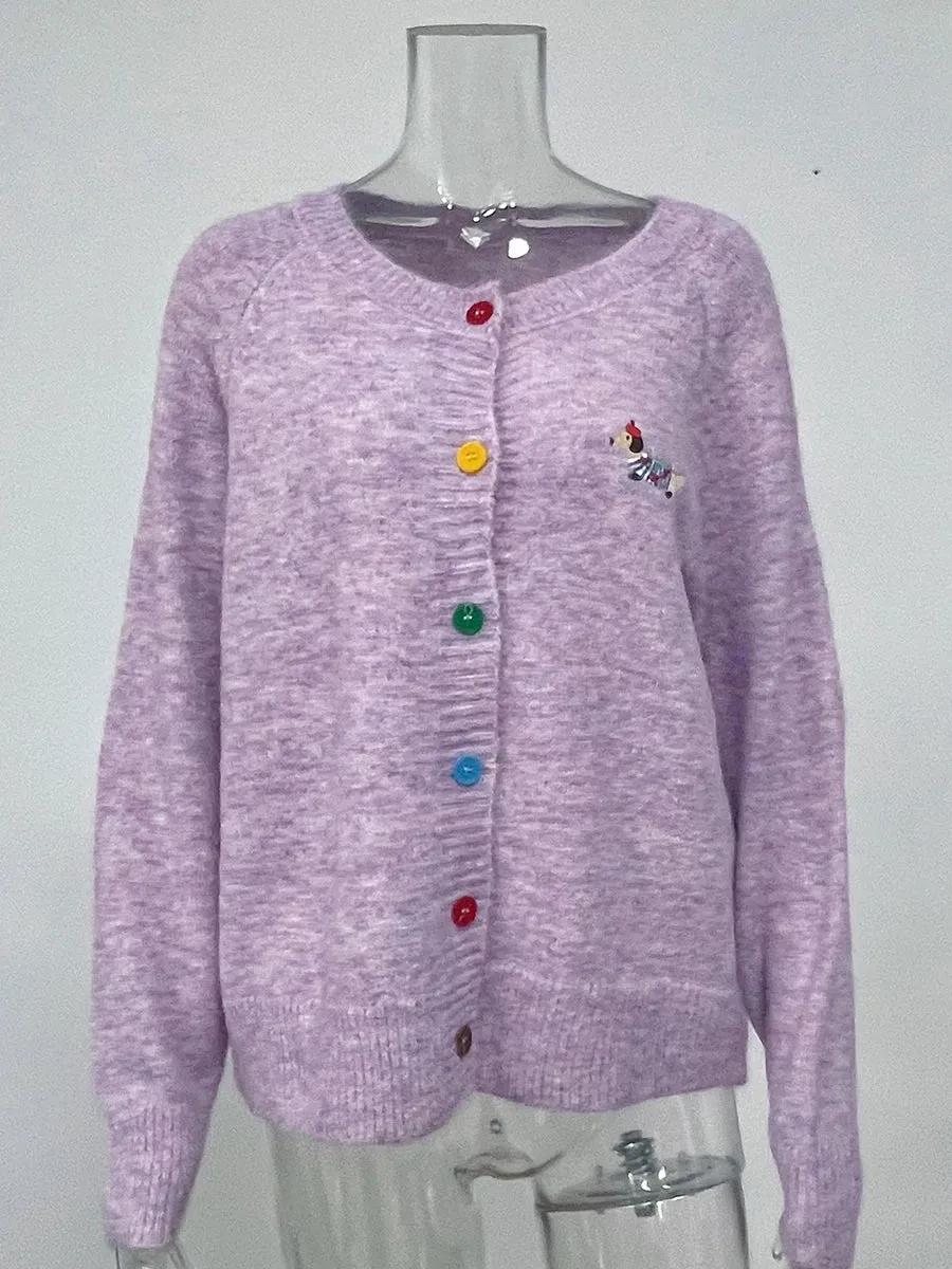TAVIMART  -  Little Dog Embroidery Cardigan Autumn O Neck Single Breasted Knitted Outerwear Women Simple Fashion Casual Long Sleeve Jumper
