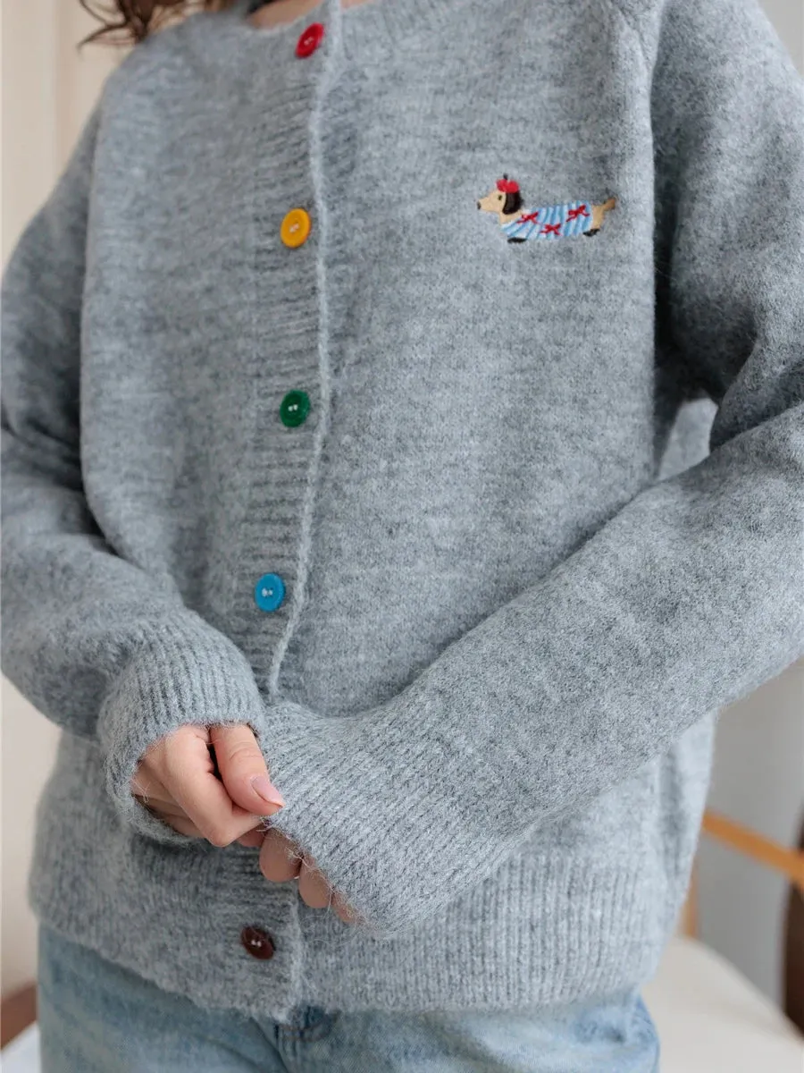TAVIMART  -  Little Dog Embroidery Cardigan Autumn O Neck Single Breasted Knitted Outerwear Women Simple Fashion Casual Long Sleeve Jumper