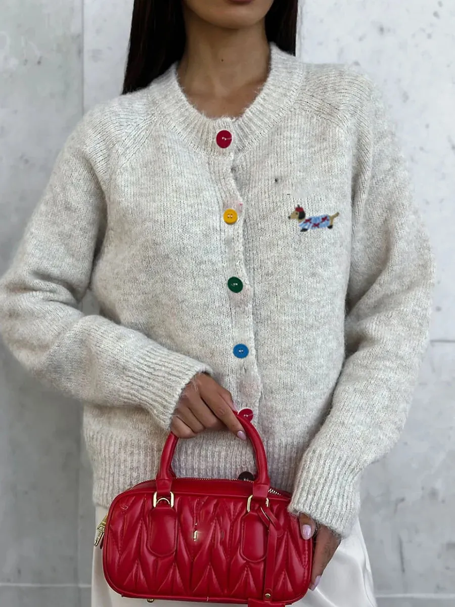 TAVIMART  -  Little Dog Embroidery Cardigan Autumn O Neck Single Breasted Knitted Outerwear Women Simple Fashion Casual Long Sleeve Jumper