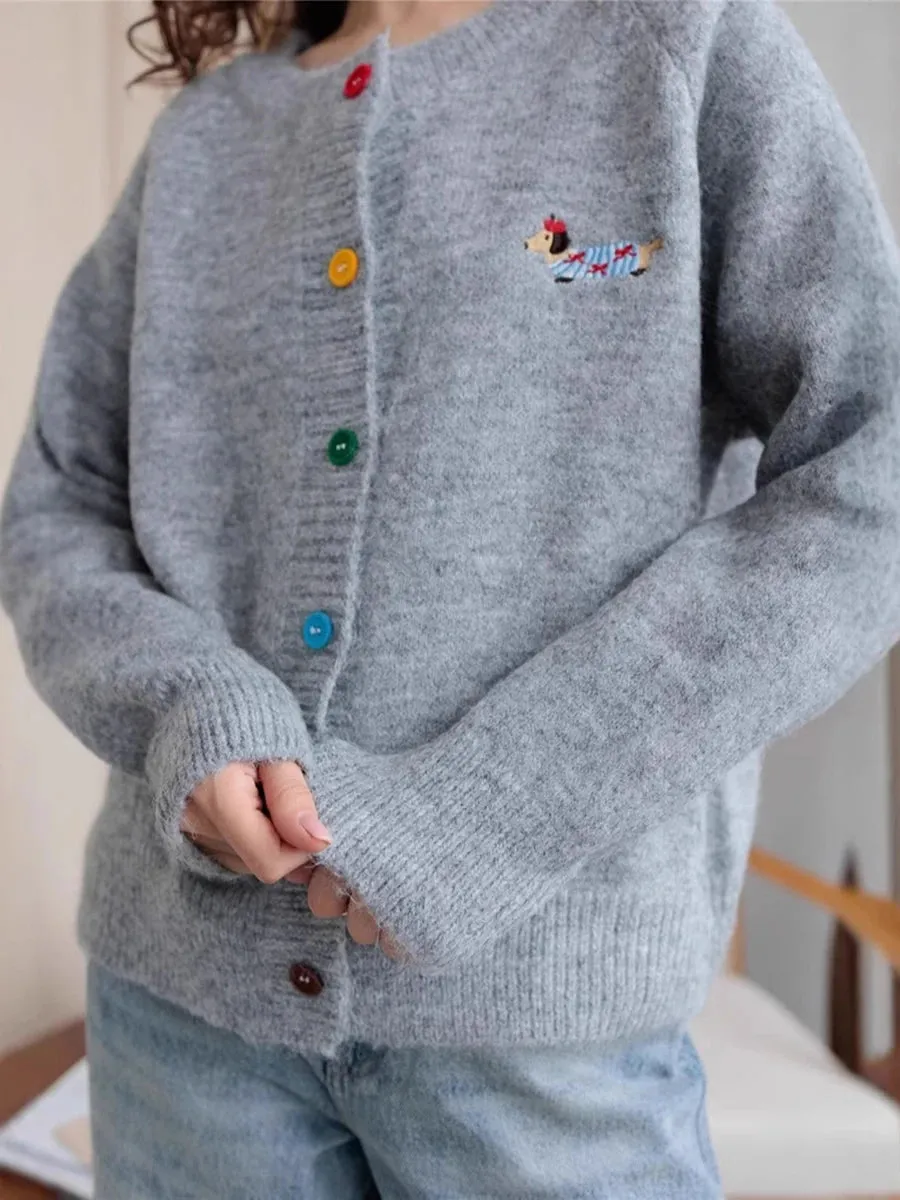TAVIMART  -  Little Dog Embroidery Cardigan Autumn O Neck Single Breasted Knitted Outerwear Women Simple Fashion Casual Long Sleeve Jumper