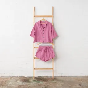 Textured Cotton Crop Button Up   Short PJ Set - Fuchsia | Jade and May