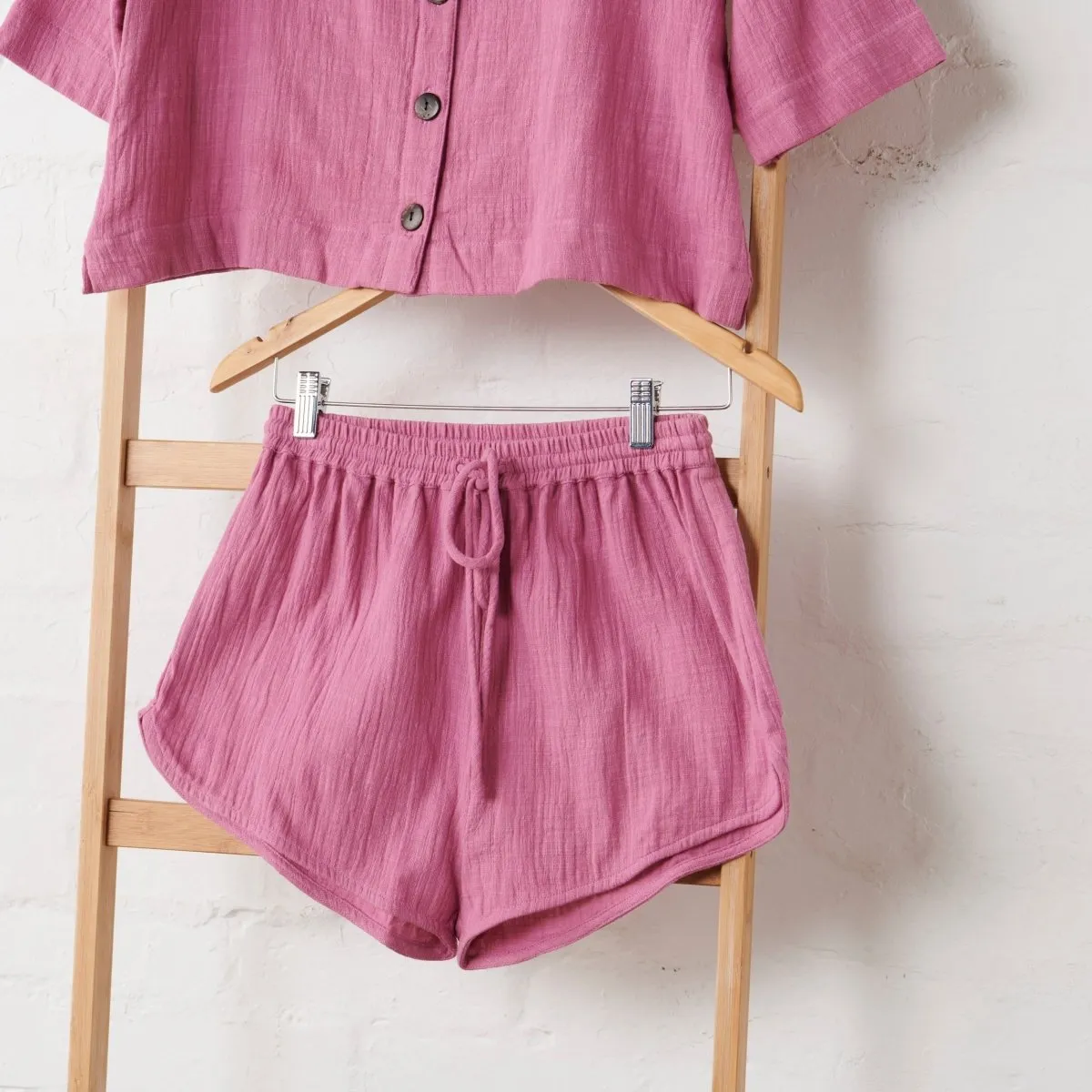 Textured Cotton Crop Button Up   Short PJ Set - Fuchsia | Jade and May