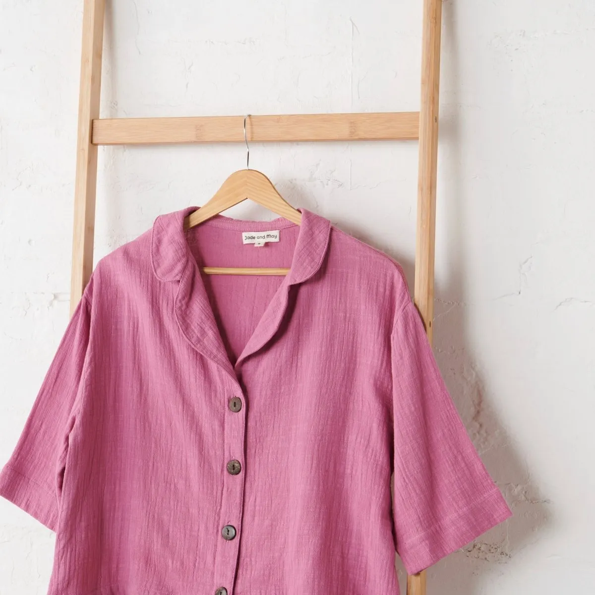 Textured Cotton Crop Button Up   Short PJ Set - Fuchsia | Jade and May