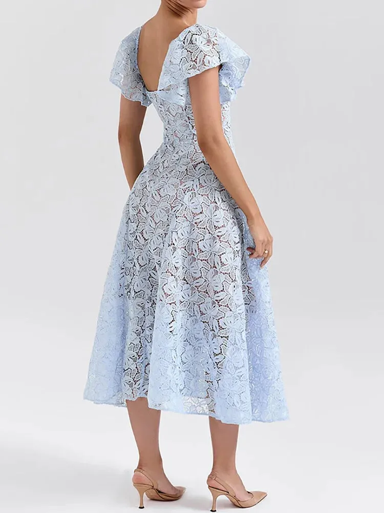 UAKISS  -  Backless V Neck Patchwork Maxi Dress, Women Summer Short Butterfly Sleeve Party Dress, 2025 Simple Hollow Out Sexy Ladies Dress