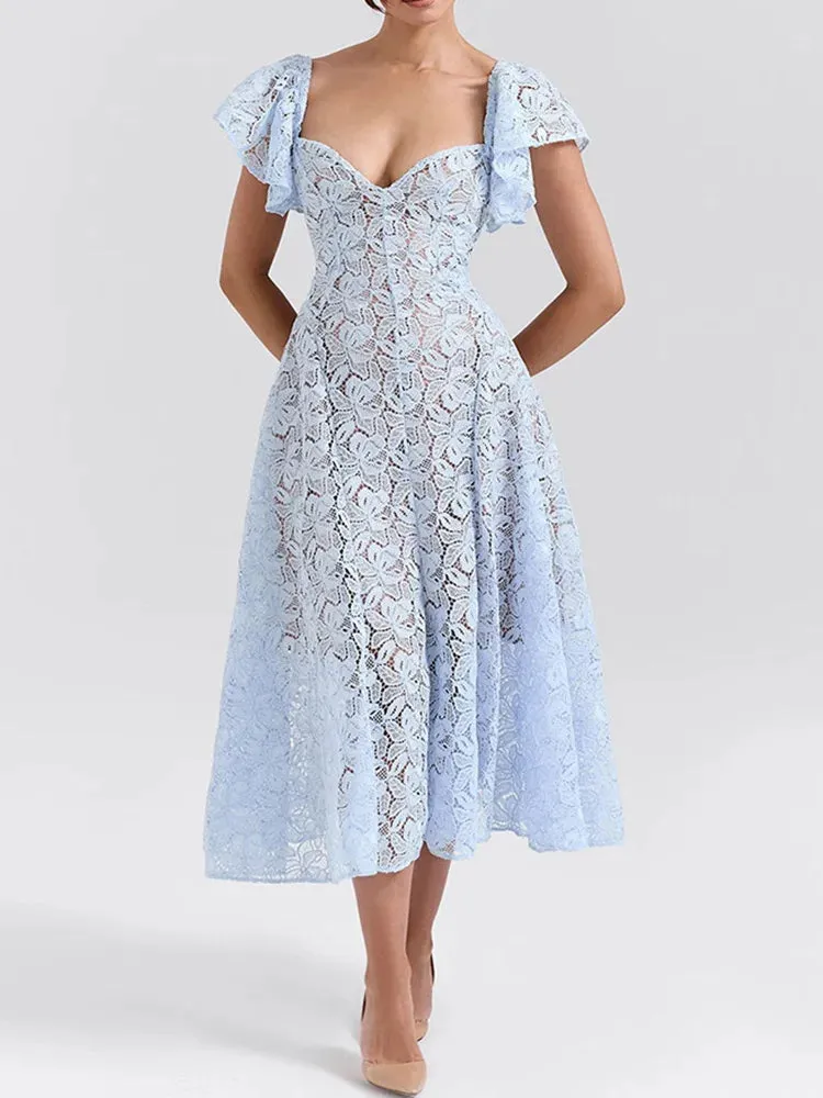UAKISS  -  Backless V Neck Patchwork Maxi Dress, Women Summer Short Butterfly Sleeve Party Dress, 2025 Simple Hollow Out Sexy Ladies Dress
