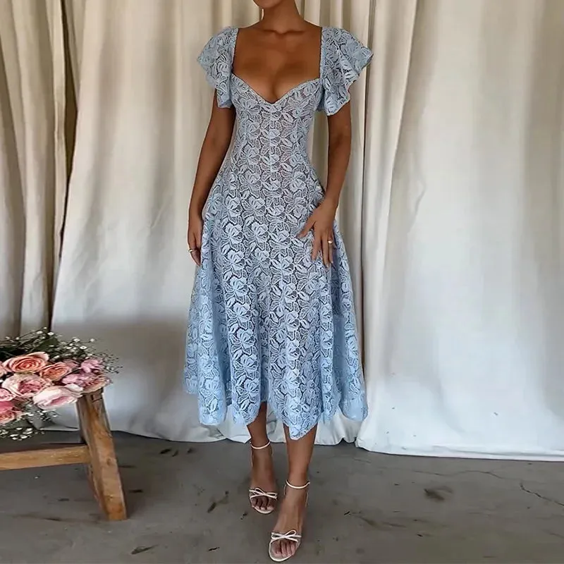 UAKISS  -  Backless V Neck Patchwork Maxi Dress, Women Summer Short Butterfly Sleeve Party Dress, 2025 Simple Hollow Out Sexy Ladies Dress