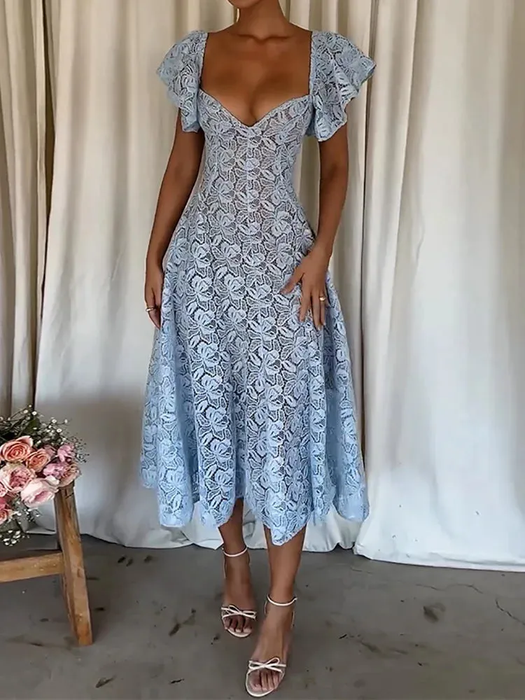 UAKISS  -  Backless V Neck Patchwork Maxi Dress, Women Summer Short Butterfly Sleeve Party Dress, 2025 Simple Hollow Out Sexy Ladies Dress