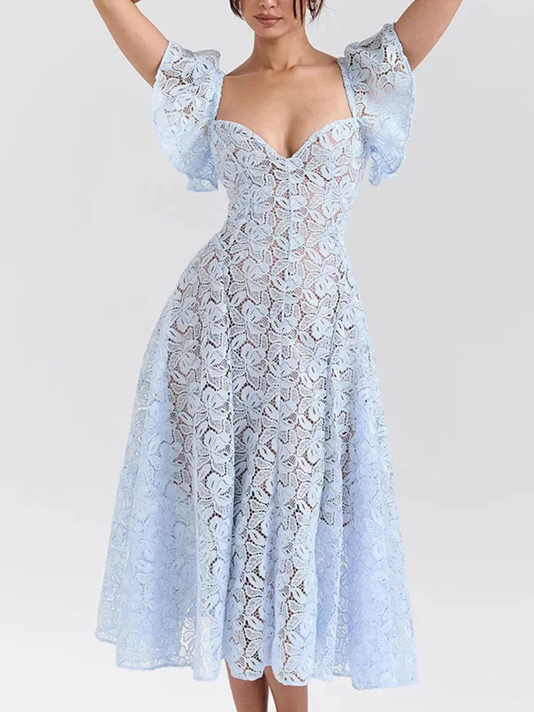 UAKISS  -  Backless V Neck Patchwork Maxi Dress, Women Summer Short Butterfly Sleeve Party Dress, 2025 Simple Hollow Out Sexy Ladies Dress