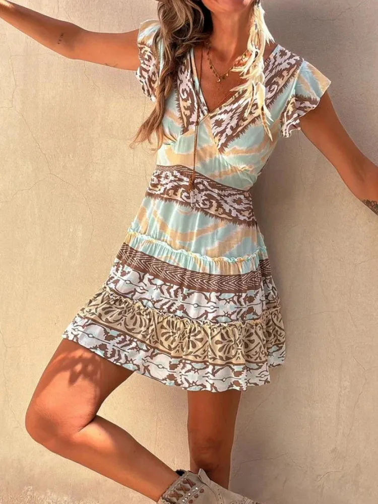 UAKISS  -  Women Summer Short Flying Sleeve Mini Dress, Print Patchwork Fashion Sweet Party Dress, 2024 V Neck Backless Simple Ladies Dress