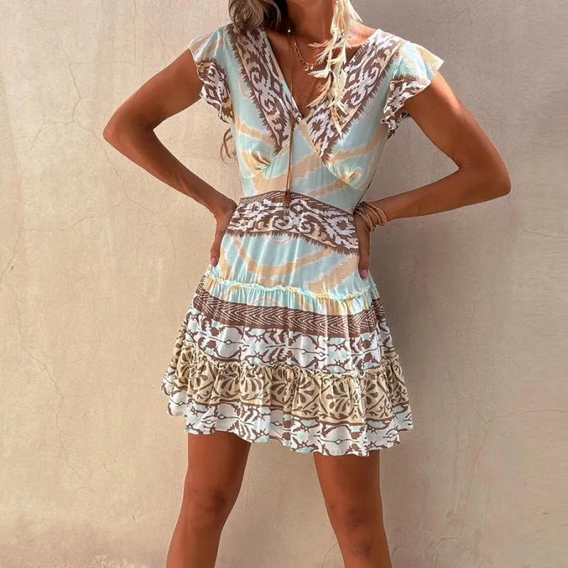 UAKISS  -  Women Summer Short Flying Sleeve Mini Dress, Print Patchwork Fashion Sweet Party Dress, 2024 V Neck Backless Simple Ladies Dress