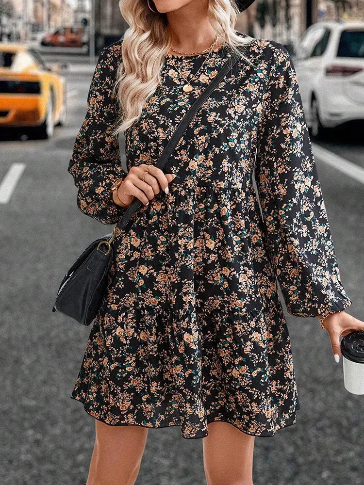 UAKISS  -  Women Sweet Holiday Long Sleeve Mini Dress, Spring Autumn Simple O Neck Fashion Party Dress, 2024 Printed Patchwork Ladies Dress