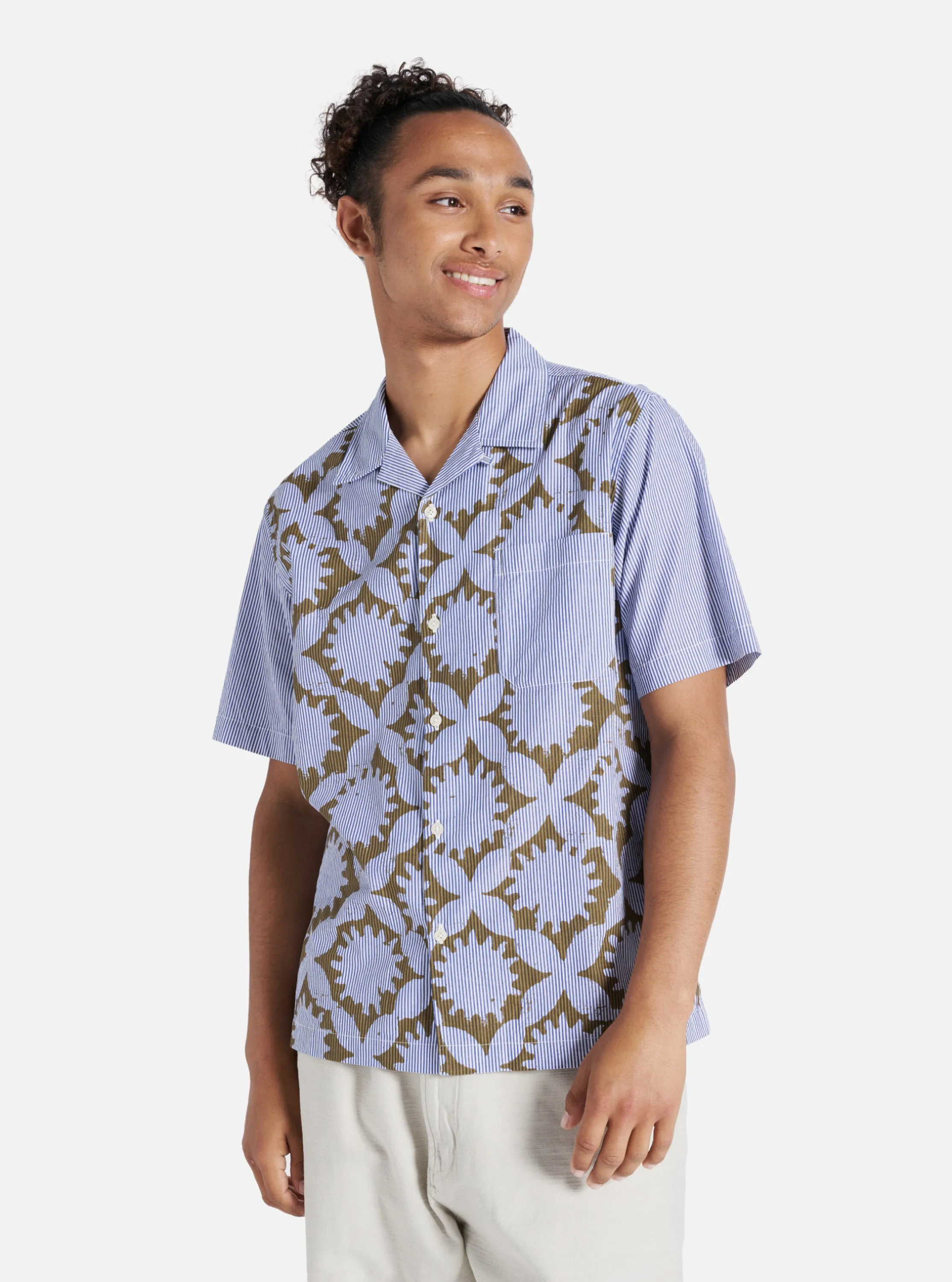 Universal Works Road Shirt in Gold/Blue Sun Print Stripe