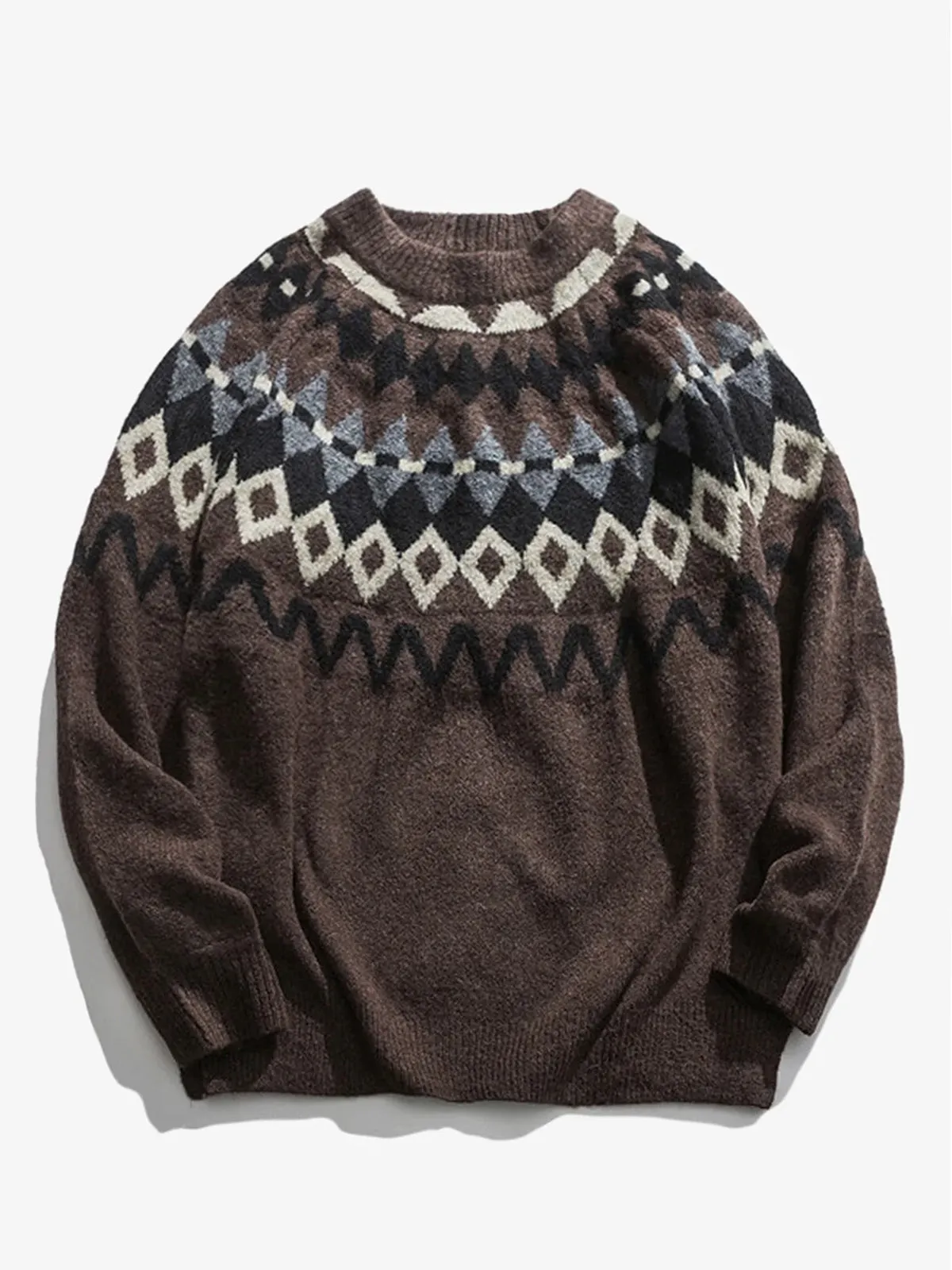 Vintage Ethnic Style Ribbed Trim Crewneck Knitted Sweater