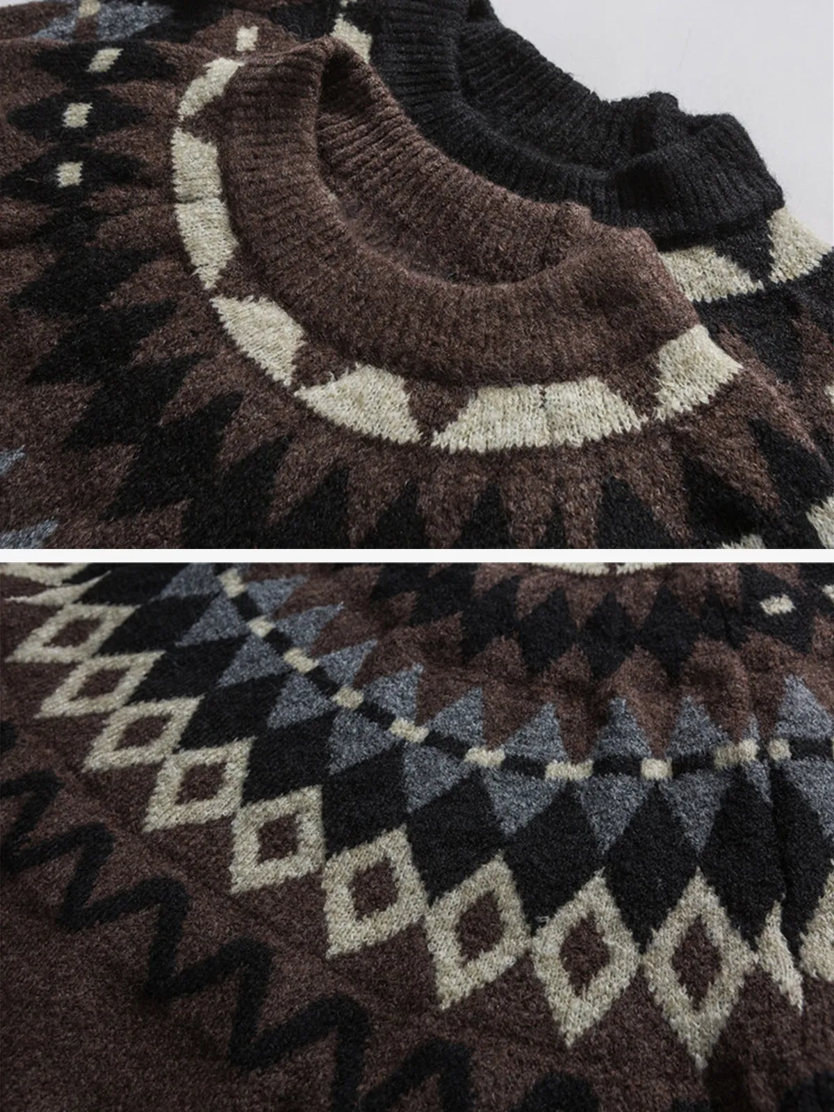 Vintage Ethnic Style Ribbed Trim Crewneck Knitted Sweater
