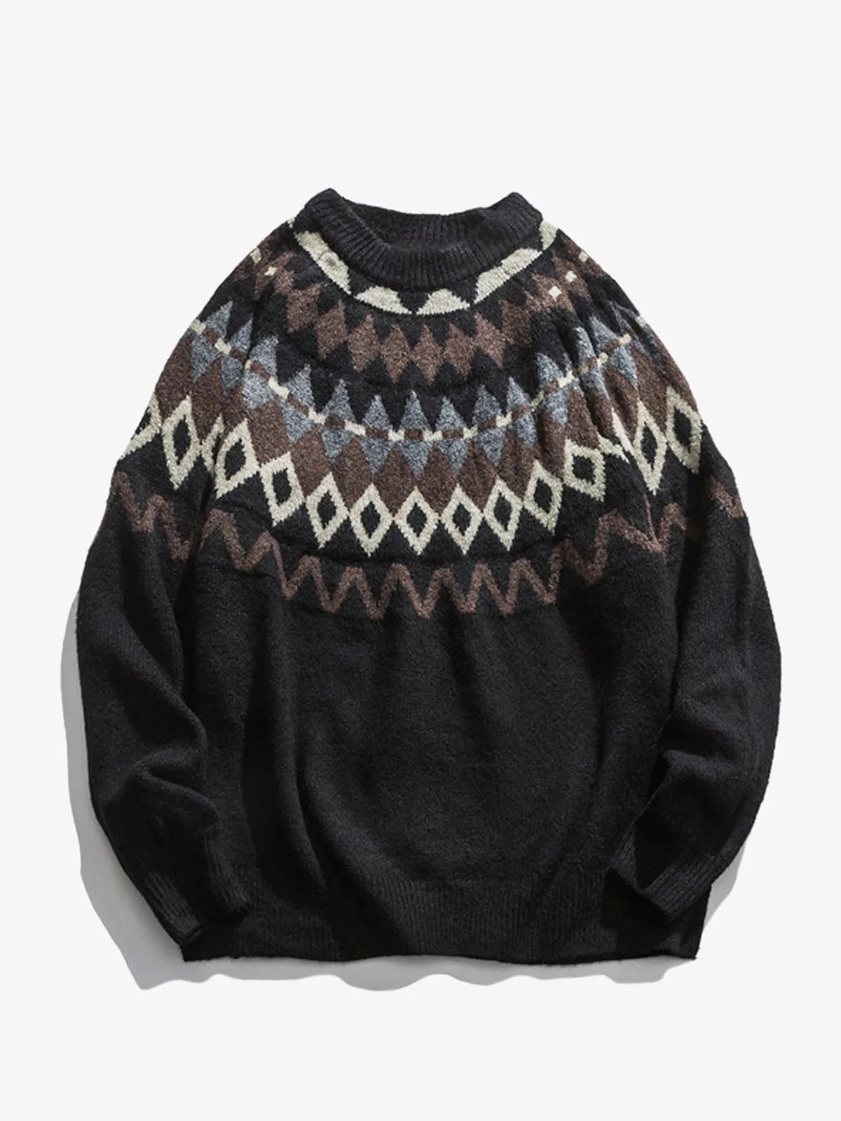Vintage Ethnic Style Ribbed Trim Crewneck Knitted Sweater