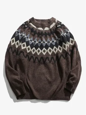 Vintage Ethnic Style Ribbed Trim Crewneck Knitted Sweater