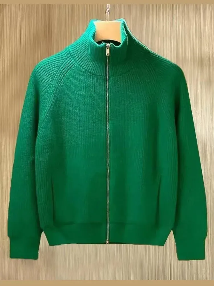 Wiaofellas  -   fall outfits American Style Simple Solid Color Stand Collar Zipper Knitted Cardigan Men Autumn Winter Casual Plush Half High Collar Sweater