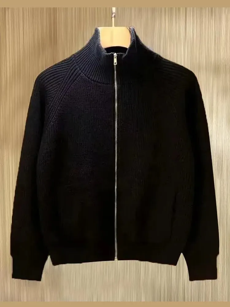 Wiaofellas  -   fall outfits American Style Simple Solid Color Stand Collar Zipper Knitted Cardigan Men Autumn Winter Casual Plush Half High Collar Sweater