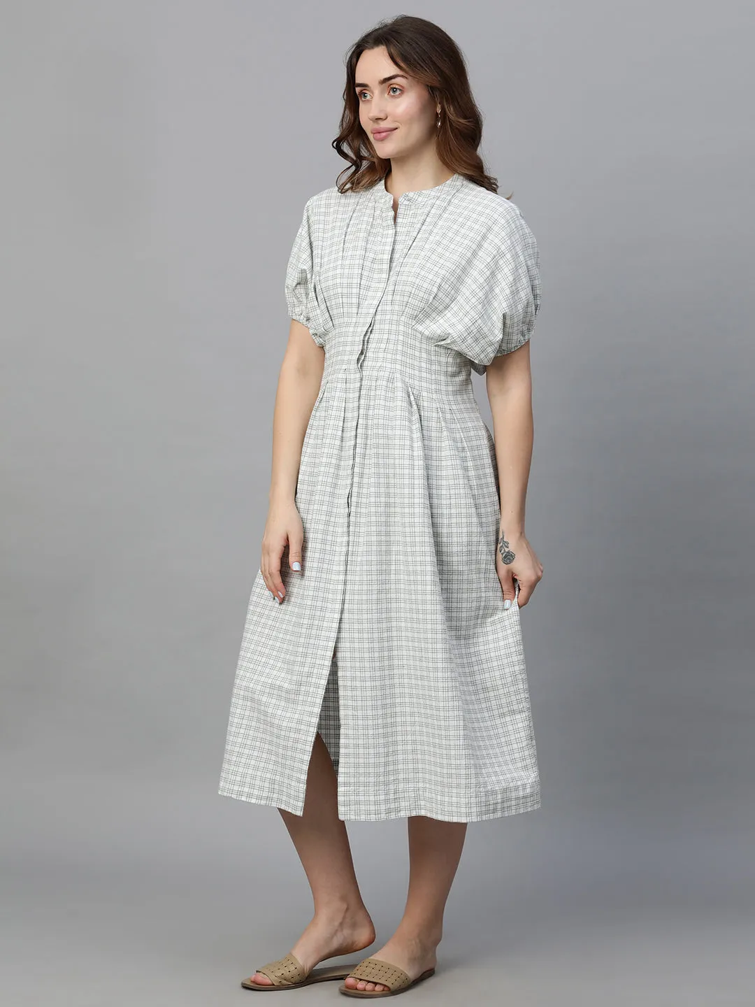 Women's White Cotton Linen Regular Fit Dress